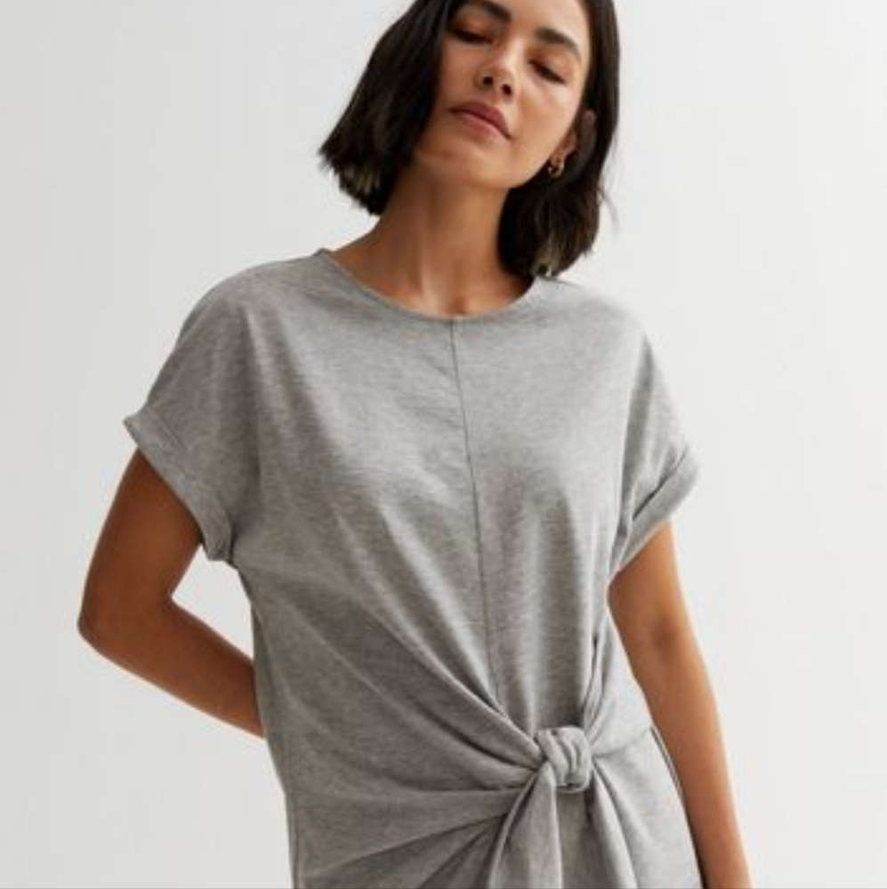 Women's Casual Front Tie Knot Long Shirt Grey Size S